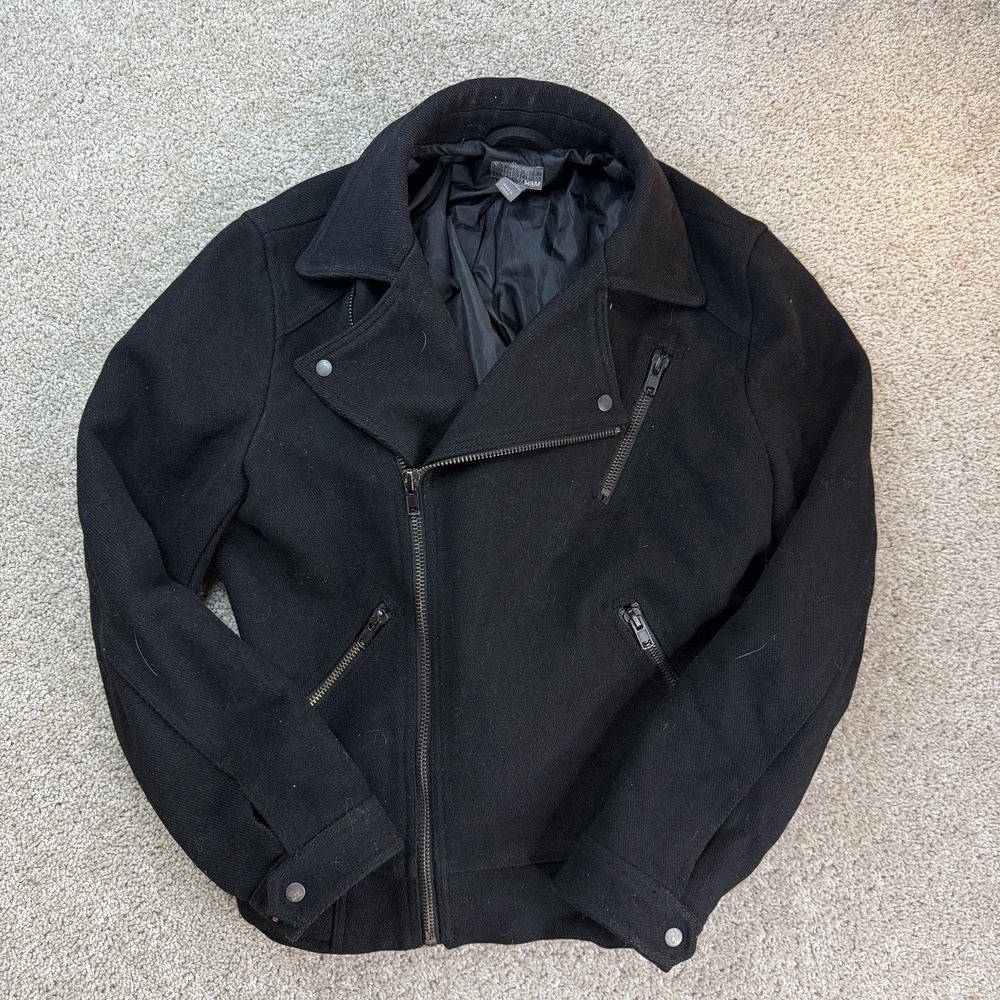 H&M Jacket Mens 40R Black Wool Biker Moto Asymmetrical Zip Lined Buckle